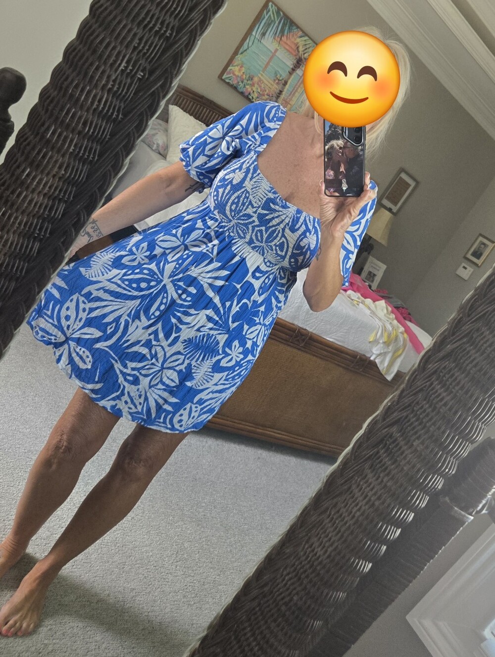 Blue Floral Square-Neck Mini Dress
